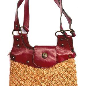 Vintage ETIENNE AIGNER Jute RATTAN OXBLOOD LEATHER Satchel Hand BAG STRAW BAG